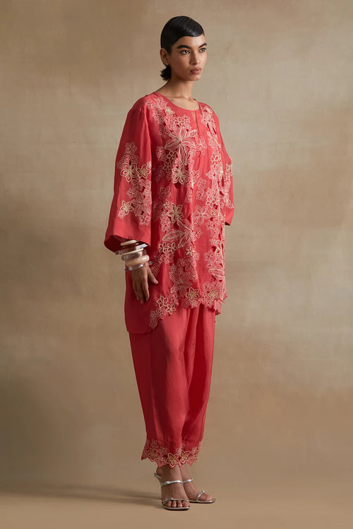 Tomato Floral Cutwork Silk Salwar Set