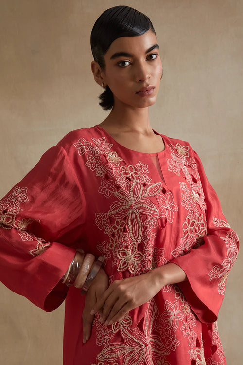 Tomato Floral Cutwork Silk Salwar Set