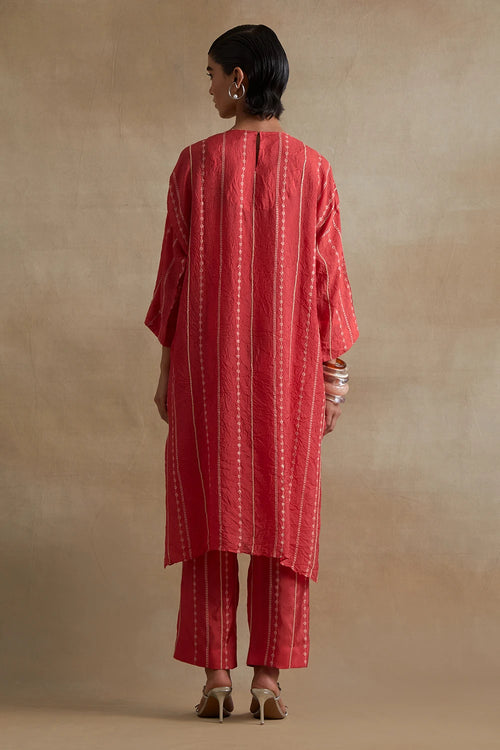 Tomato Thread Embroidered Silk Kurta Set