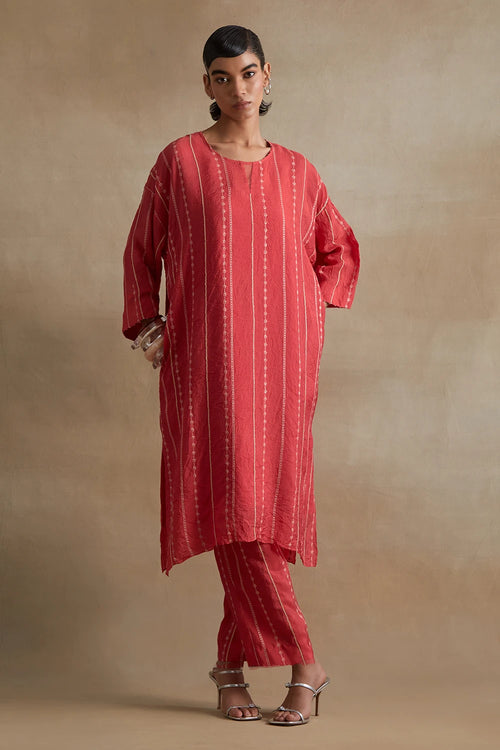 Tomato Thread Embroidered Silk Kurta Set