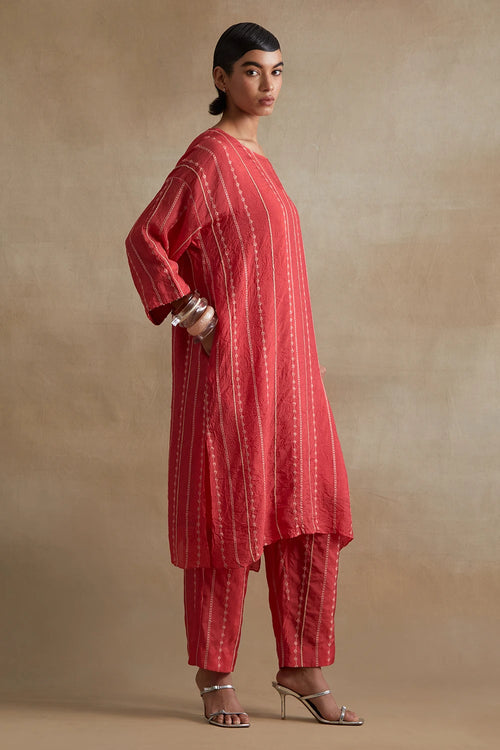 Tomato Thread Embroidered Silk Kurta Set