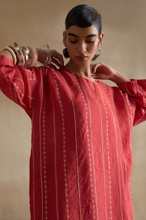 Tomato Thread Embroidered Silk Kurta Set