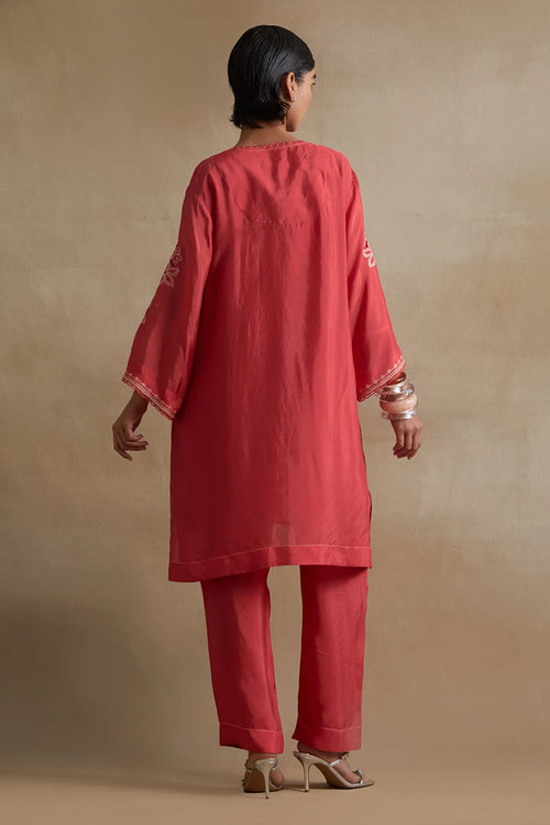 Tomato Floral Cutwork Silk Tunic Set