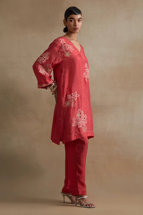 Tomato Floral Cutwork Silk Tunic Set