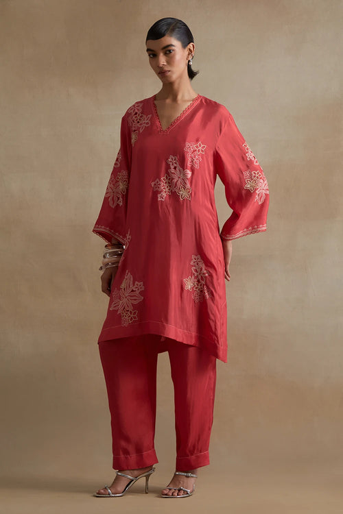 Tomato Floral Cutwork Silk Tunic Set