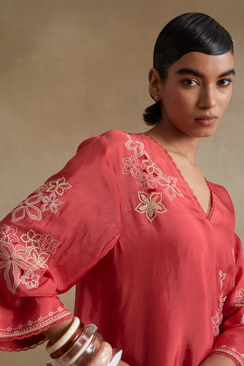 Tomato Floral Cutwork Silk Tunic Set