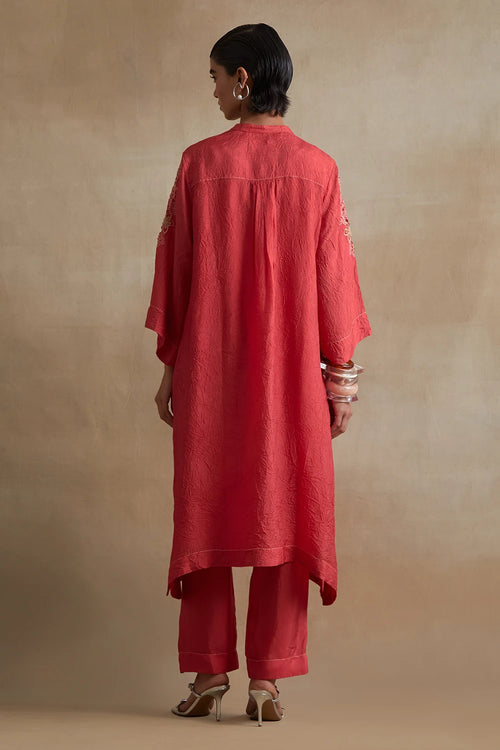 Floral Cutwork Silk Tomato Kurta Set