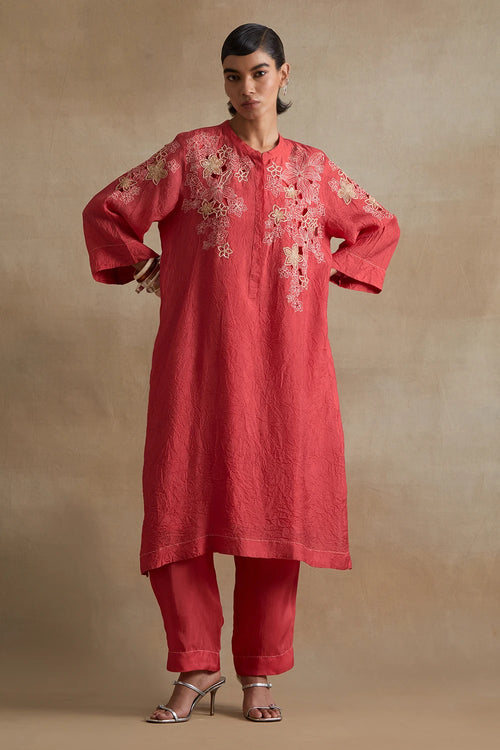 Floral Cutwork Silk Tomato Kurta Set