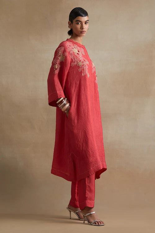 Floral Cutwork Silk Tomato Kurta Set