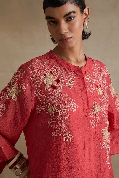 Floral Cutwork Silk Tomato Kurta Set