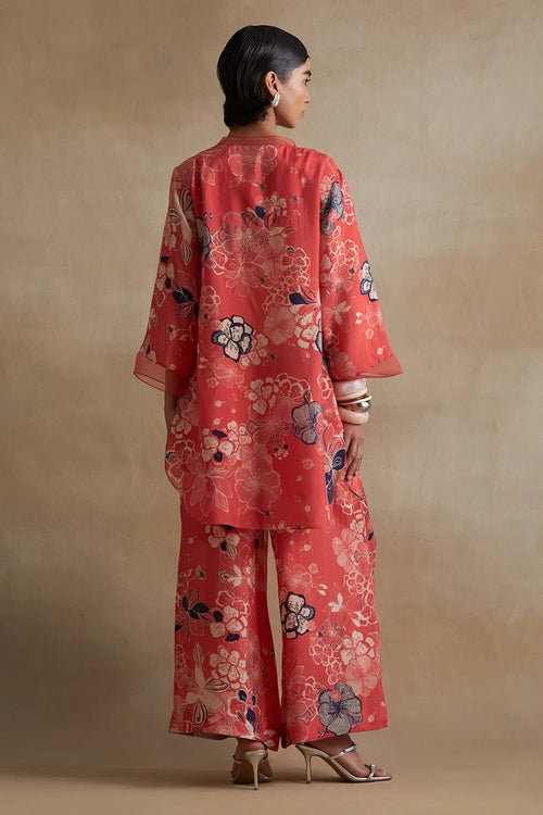 Organza Detailed Silk Tomato Co-ord Set