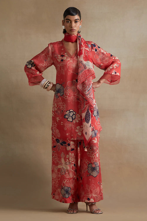 Organza Detailed Silk Tomato Co-ord Set