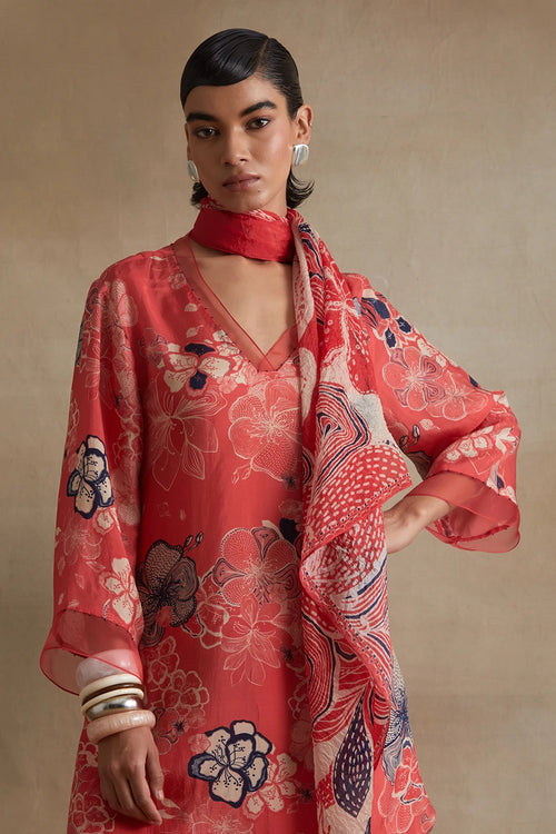 Organza Detailed Silk Tomato Co-ord Set