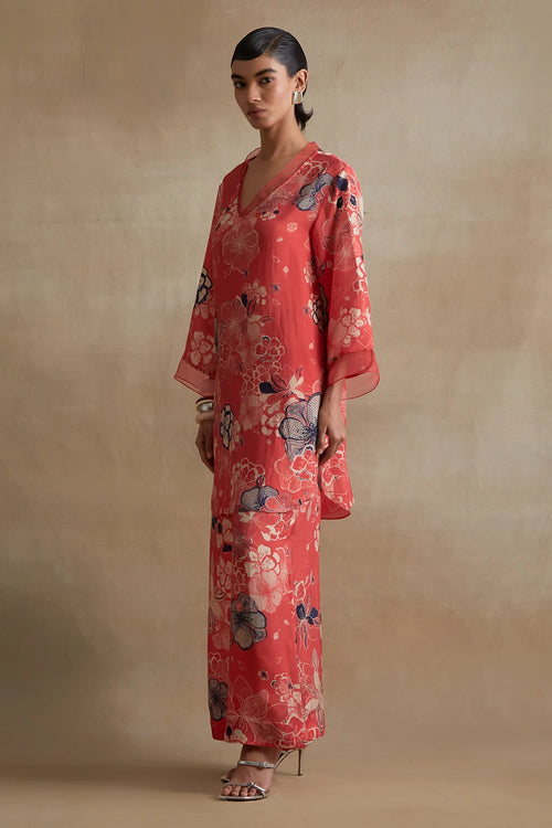 Organza Detailed Silk Tomato Co-ord Set