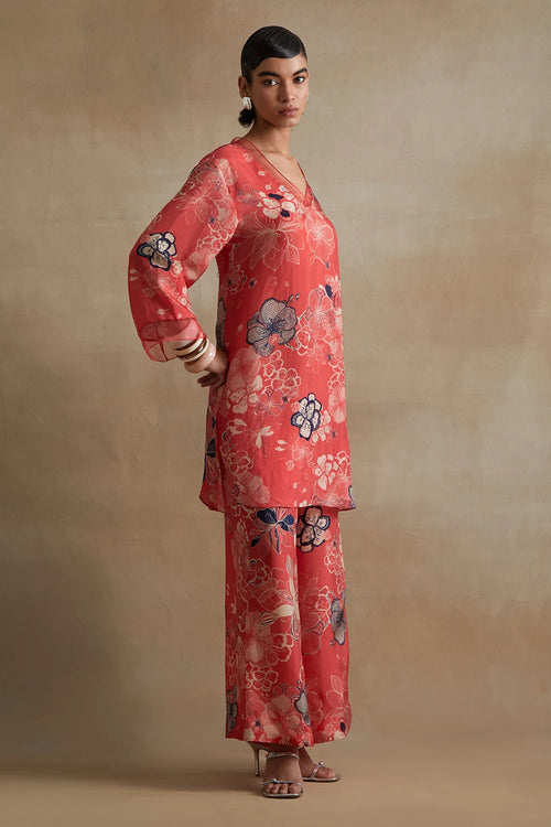 Organza Detailed Silk Tomato Co-ord Set