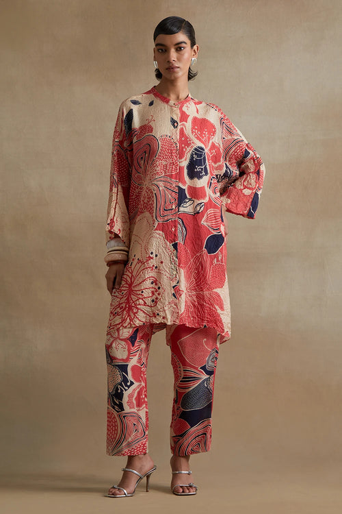 Tomato Organza Detailed Silk Co-ord Set