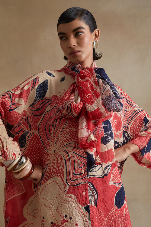 Tomato Floral Print Embroidered Stole