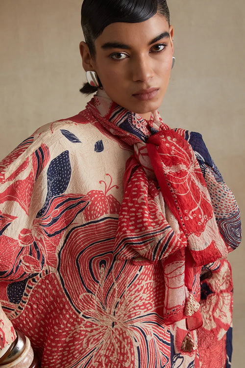 Tomato Floral Print Embroidered Stole