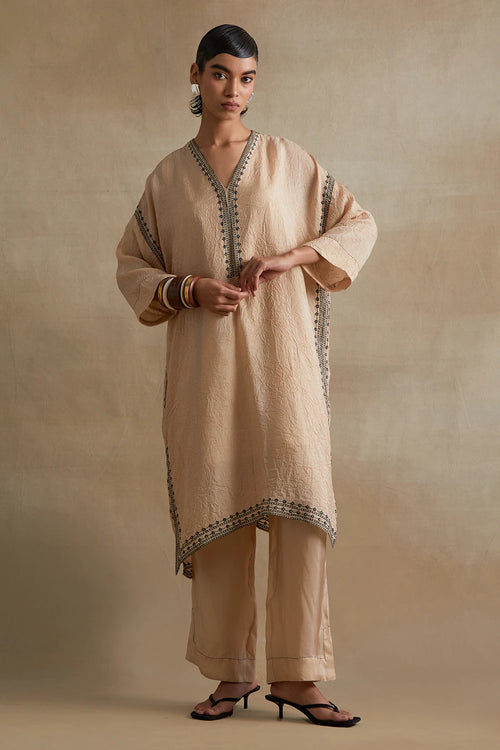 Clay Thread Embroidered Silk Kaftan Set