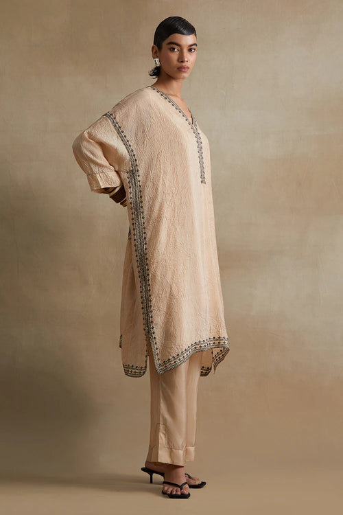 Clay Thread Embroidered Silk Kaftan Set