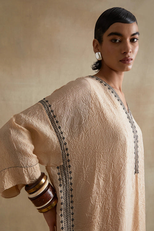 Clay Thread Embroidered Silk Kaftan Set