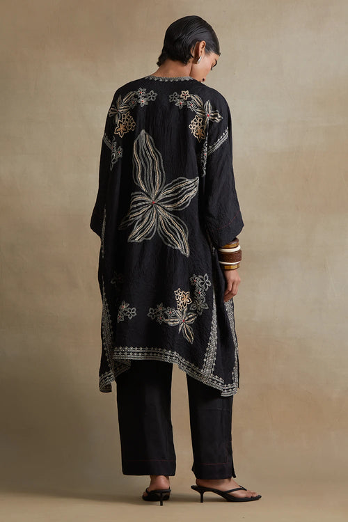 Black Thread Embroidered Silk Kaftan Set