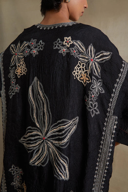 Black Thread Embroidered Silk Kaftan Set