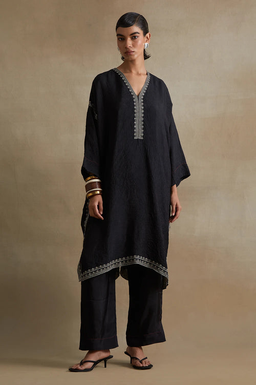 Black Thread Embroidered Silk Kaftan Set
