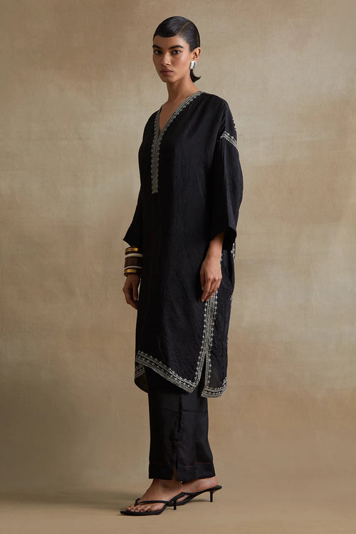 Black Thread Embroidered Silk Kaftan Set