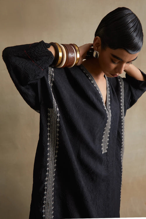 Black Thread Embroidered Silk Kaftan Set