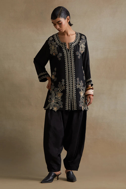 Black Floral Cutwork Silk Salwar Set