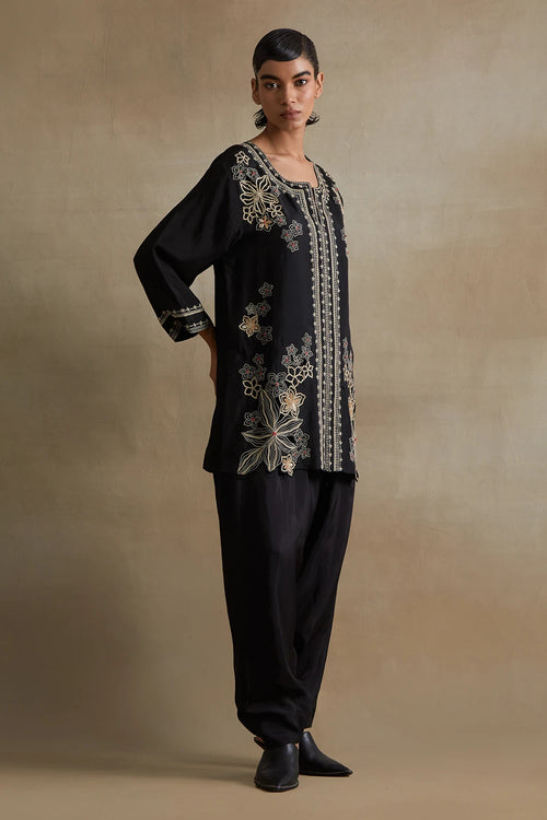 Black Floral Cutwork Silk Salwar Set