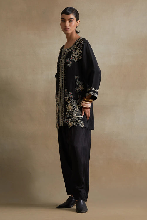 Black Floral Cutwork Silk Salwar Set