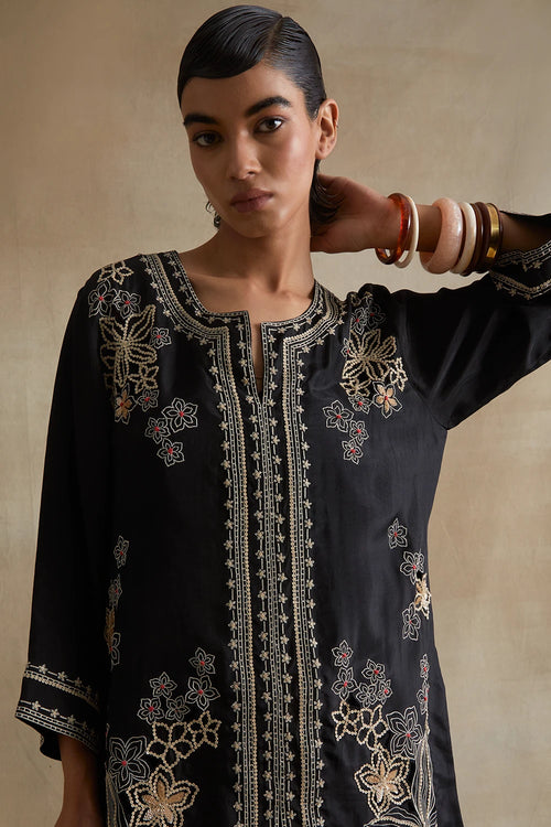 Black Floral Cutwork Silk Salwar Set