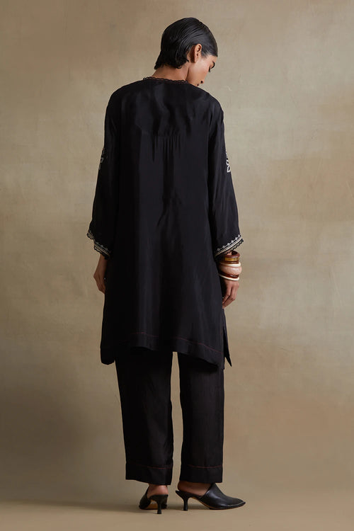 Floral Cutwork Silk Black Tunic Set