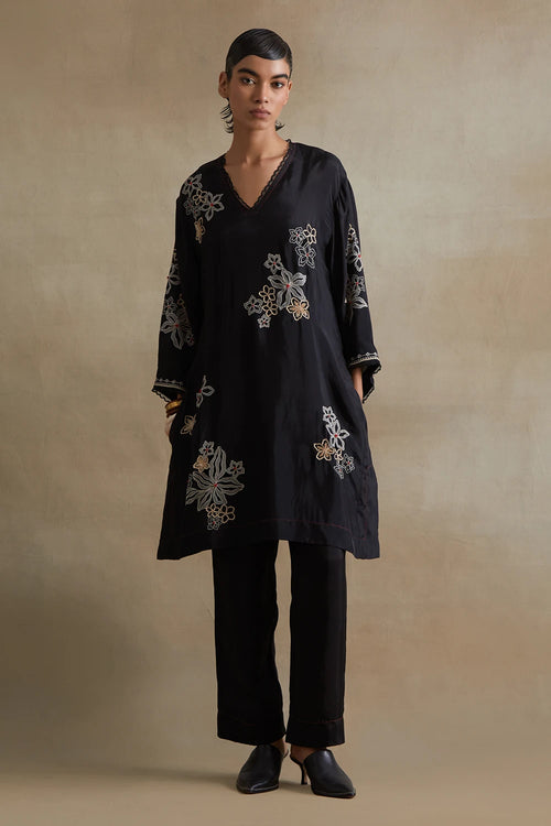 Floral Cutwork Silk Black Tunic Set