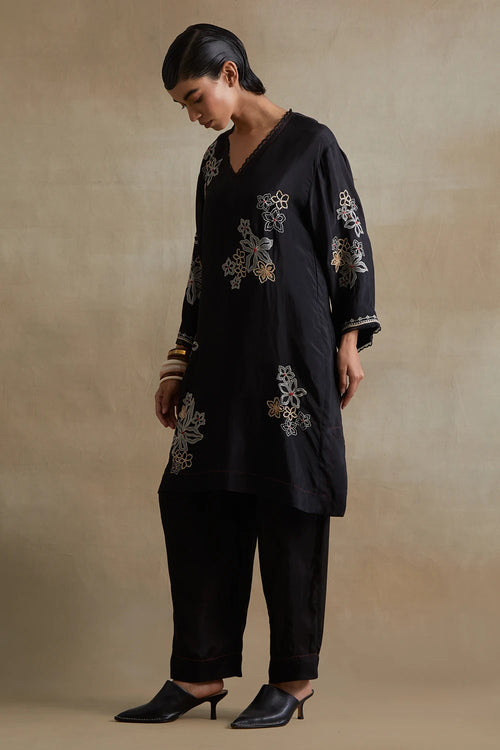 Floral Cutwork Silk Black Tunic Set