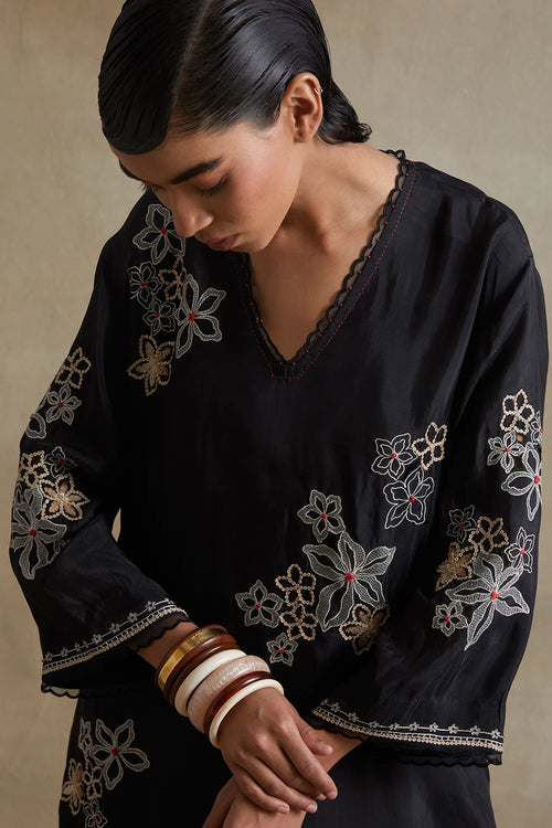 Floral Cutwork Silk Black Tunic Set