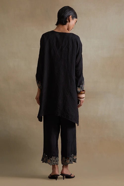 Black Floral Cutwork Silk Tunic Set