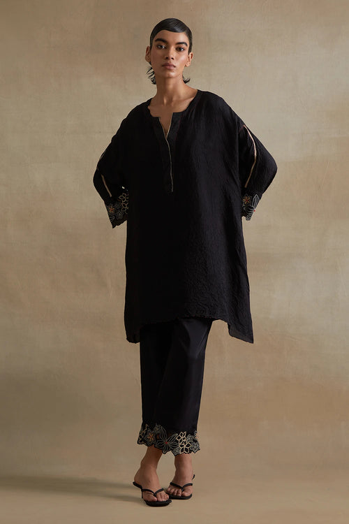 Black Floral Cutwork Silk Tunic Set
