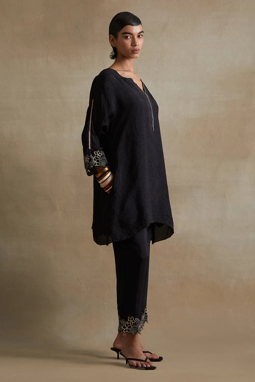 Black Floral Cutwork Silk Tunic Set