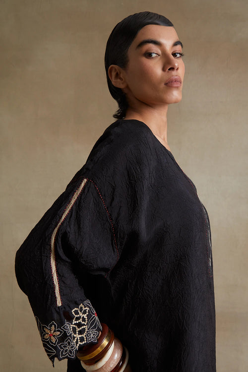 Black Floral Cutwork Silk Tunic Set