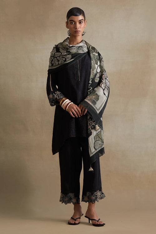 Black Floral Print Embroidered Stole
