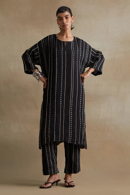 Black Thread Embroidered Silk Kurta Set