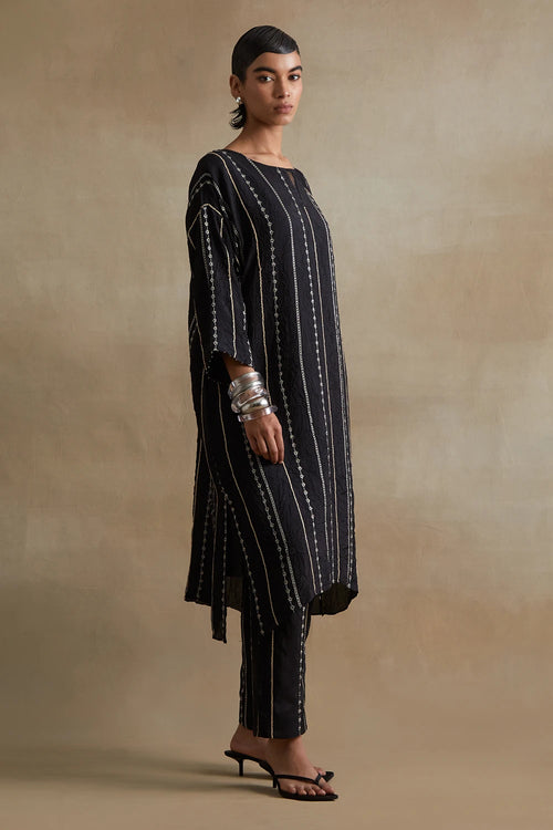 Black Thread Embroidered Silk Kurta Set