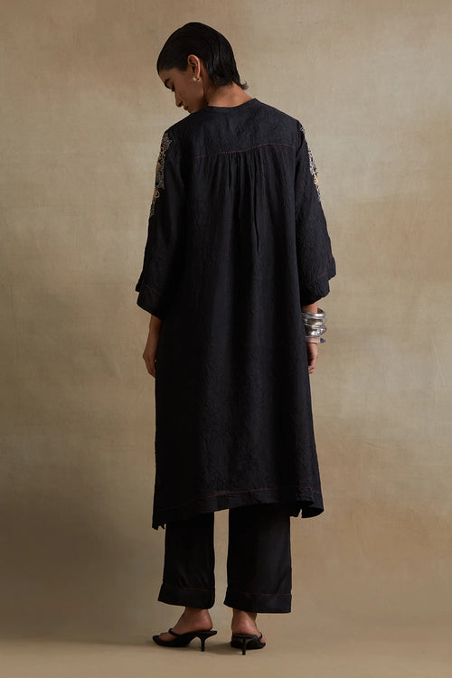 Black Floral Cutwork Silk Kurta Set