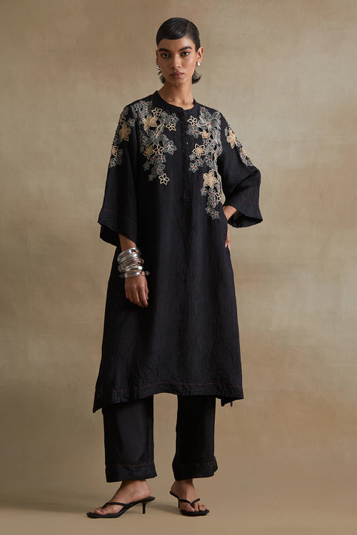 Black Floral Cutwork Silk Kurta Set