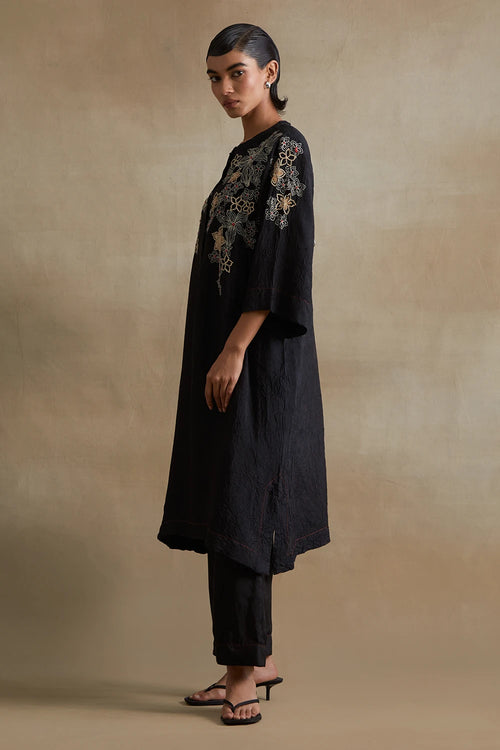 Black Floral Cutwork Silk Kurta Set