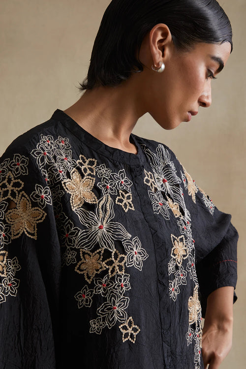 Black Floral Cutwork Silk Kurta Set