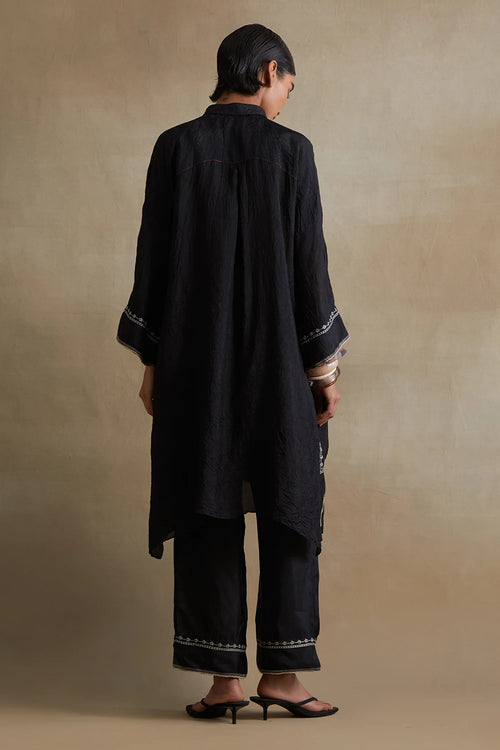 Thread Embroidered Silk Black Kurta Set